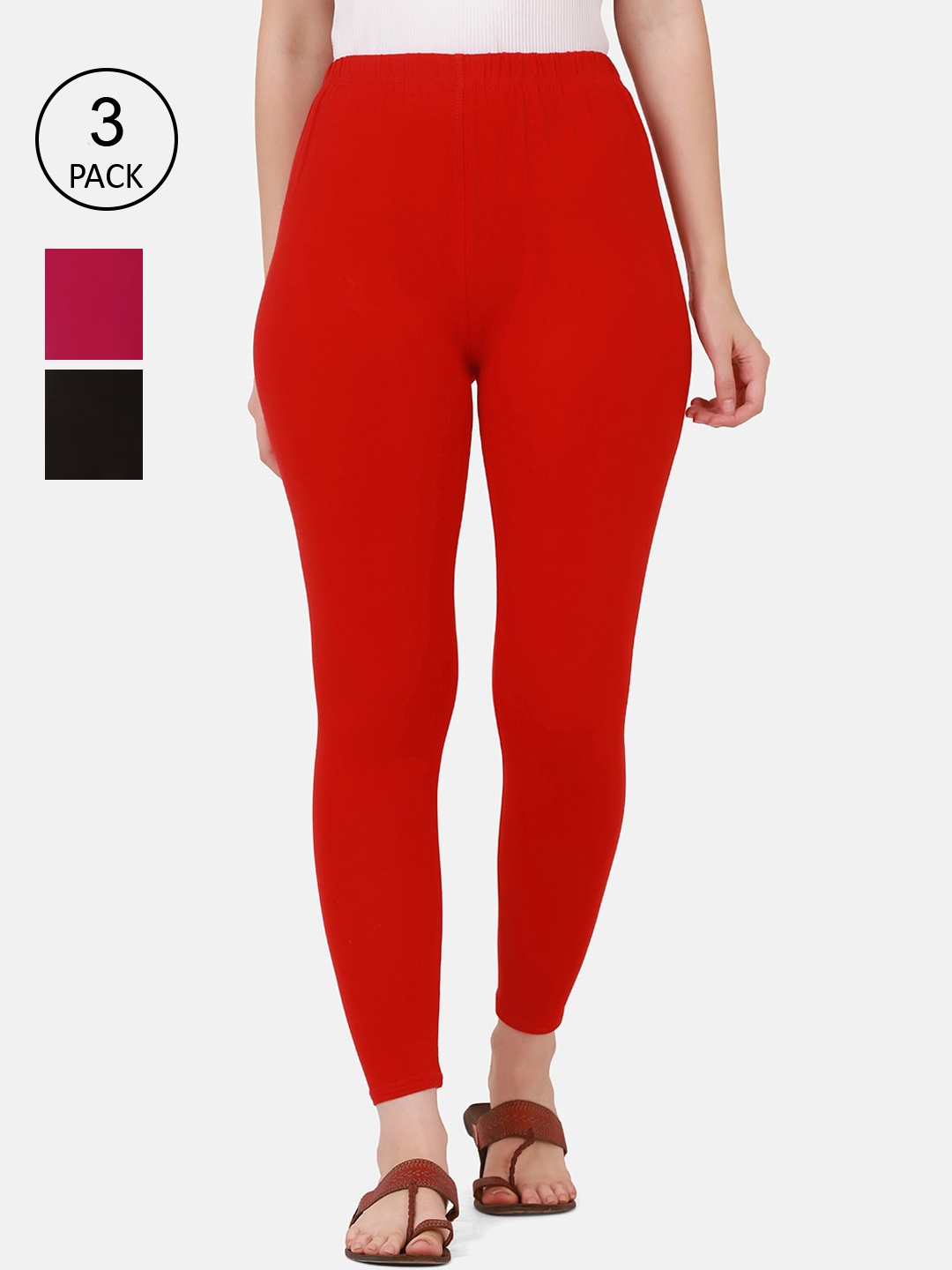 

BUY NEW TREND Women Pack Of 3 Solid Pure Cotton Ankle-Length Leggings, Pink