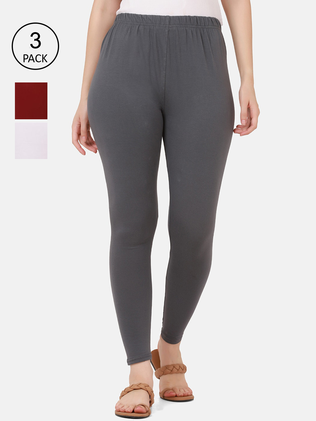 

BUY NEW TREND Women Pack Of 3 Solid Pure Cotton Ankle Length Leggings, Maroon