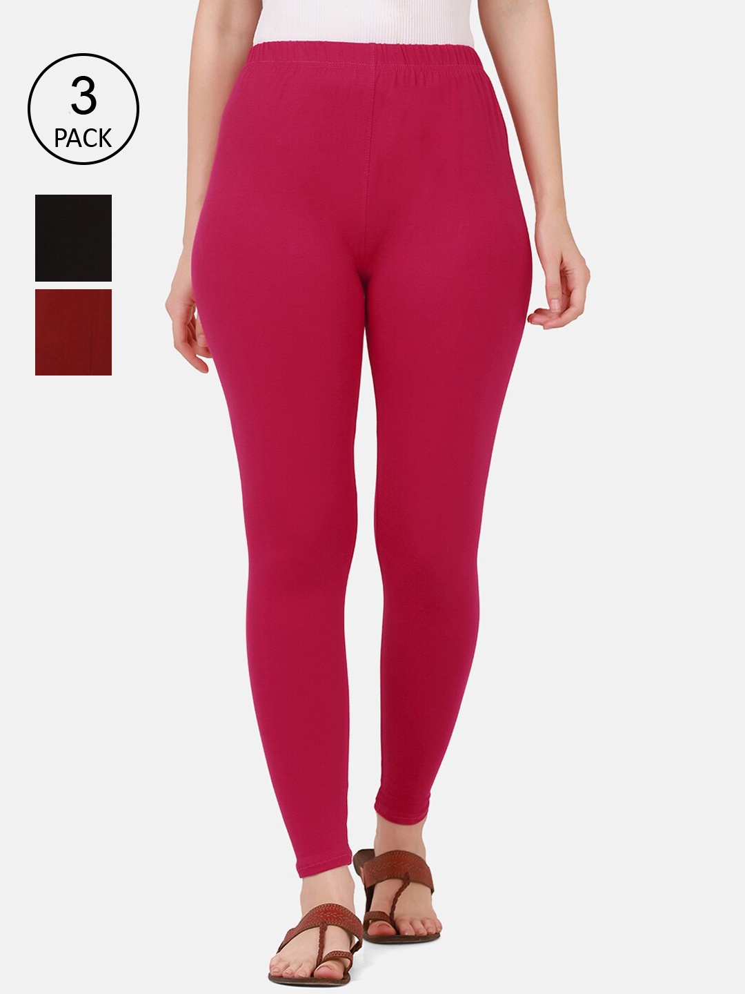 

BUY NEW TREND Pack Of 3 Women Solid Cotton Ankle-Length Leggings, Maroon