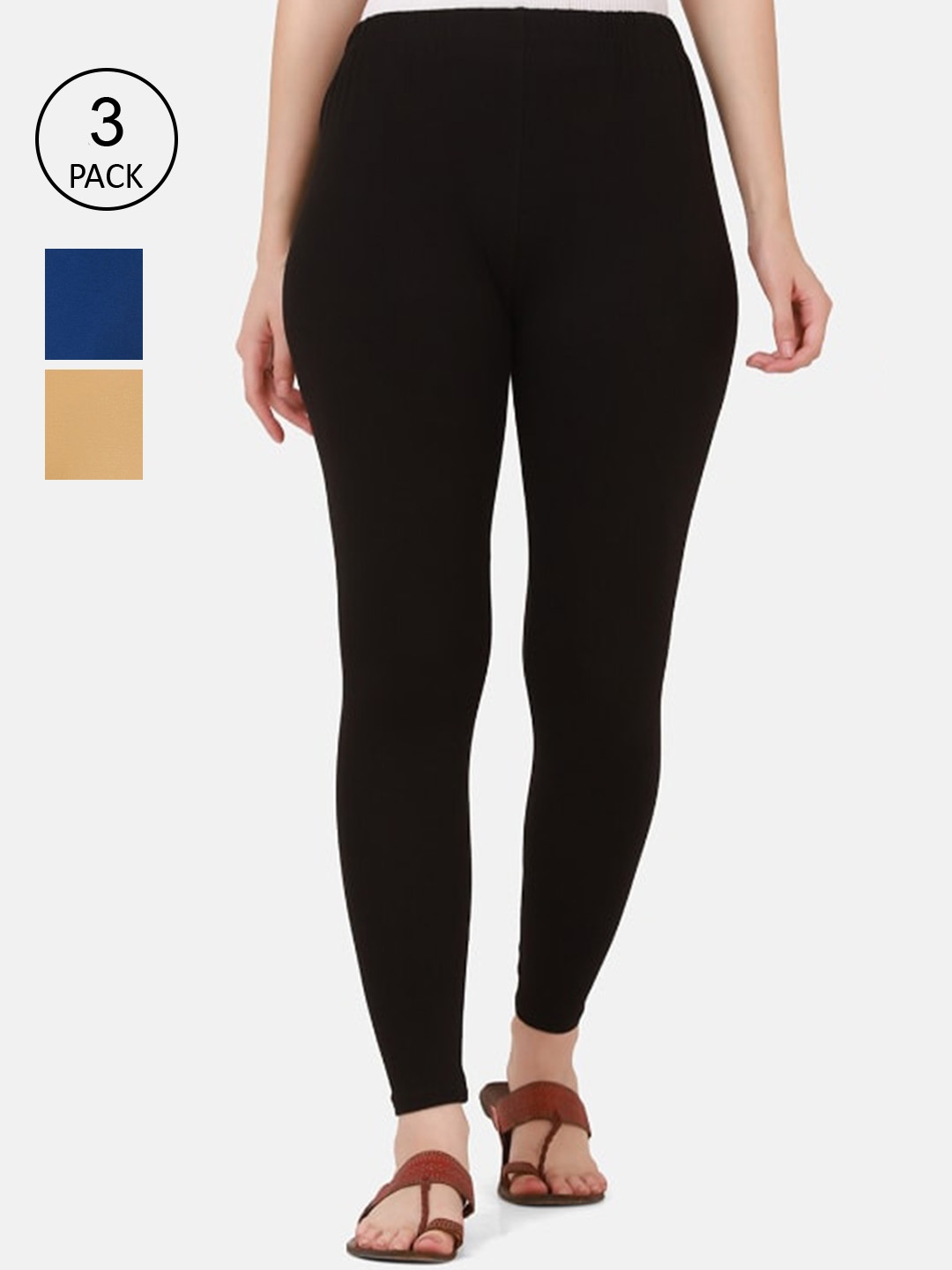 

BUY NEW TREND Women Pack Of 3 Solid Ankle Length Pure Cotton Leggings, Black