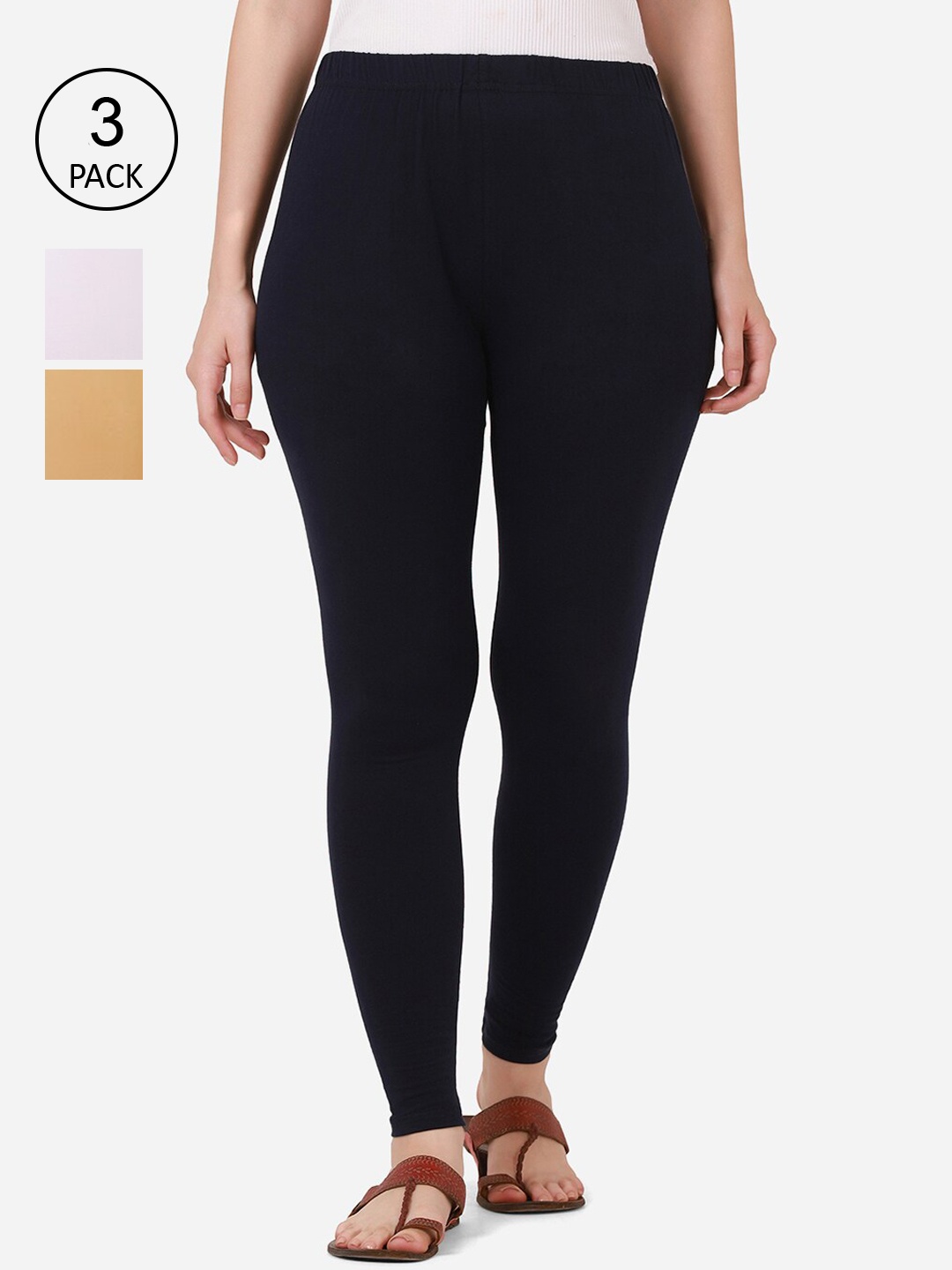 

BUY NEW TREND Women Pack Of 3 Solid Pure-Cotton Ankle-Length Leggings, White