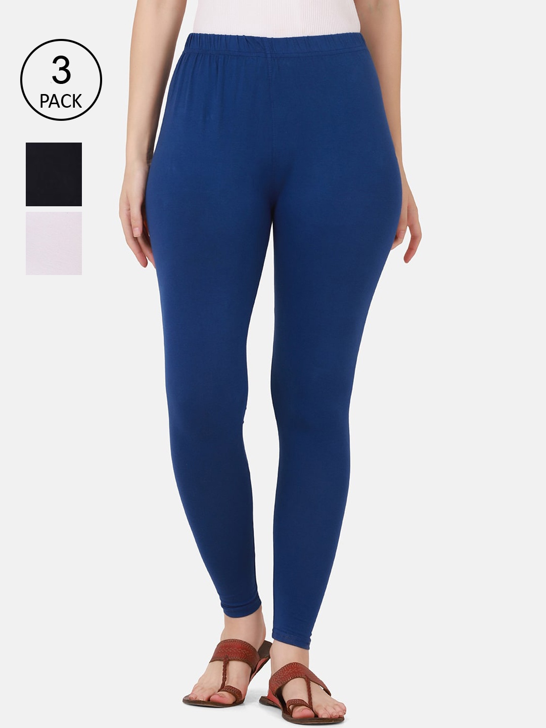 

BUY NEW TREND Women Blue & White Pack Of 3 Solid Ankle Length Leggings