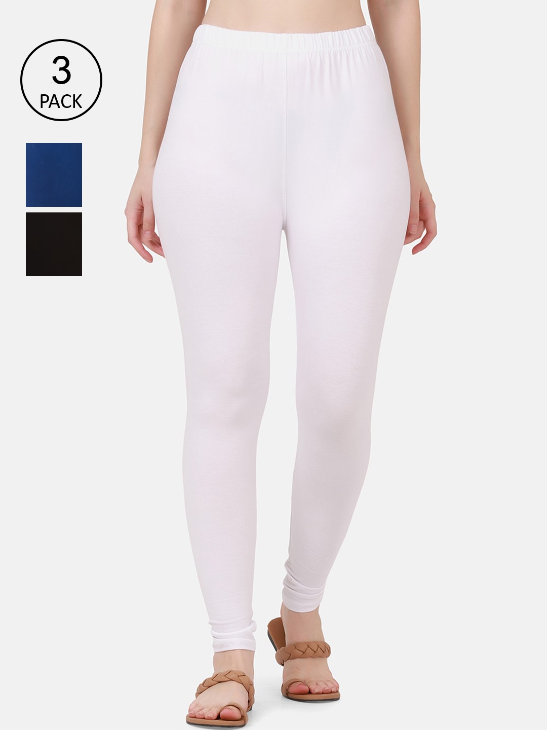 

BUY NEW TREND Women Pack Of 3 Solid Pure Cotton Ankle-Length Leggings, Blue