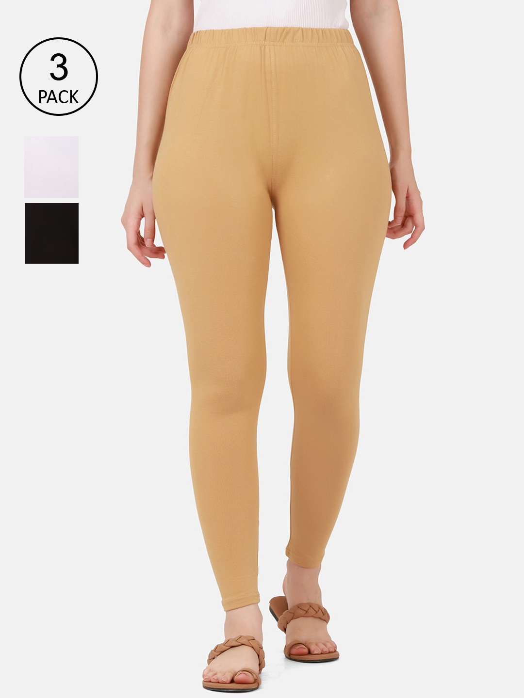 

BUY NEW TREND Women Pack Of 3 Solid Cotton Ankle-Length Leggings, Beige