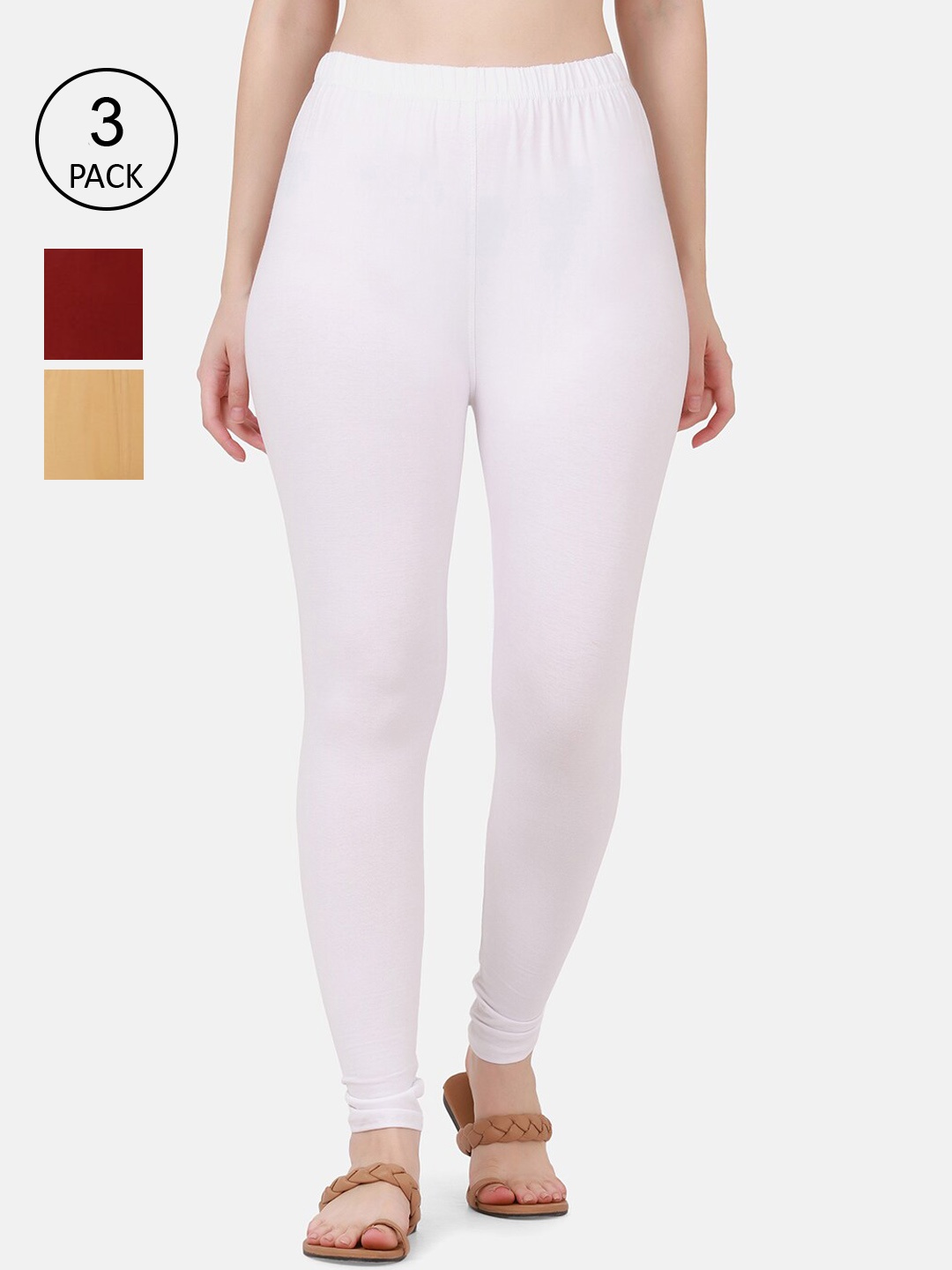 

BUY NEW TREND Women Pack Of 3 Solid Pure Cotton Ankle-Length Leggings, White