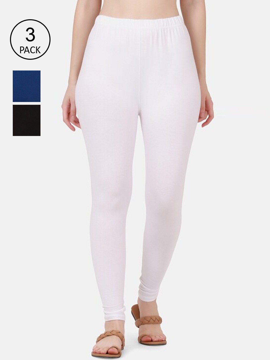 

BUY NEW TREND Women Pack Of 3 White & Blue Solid Cotton Ankle Length Leggings