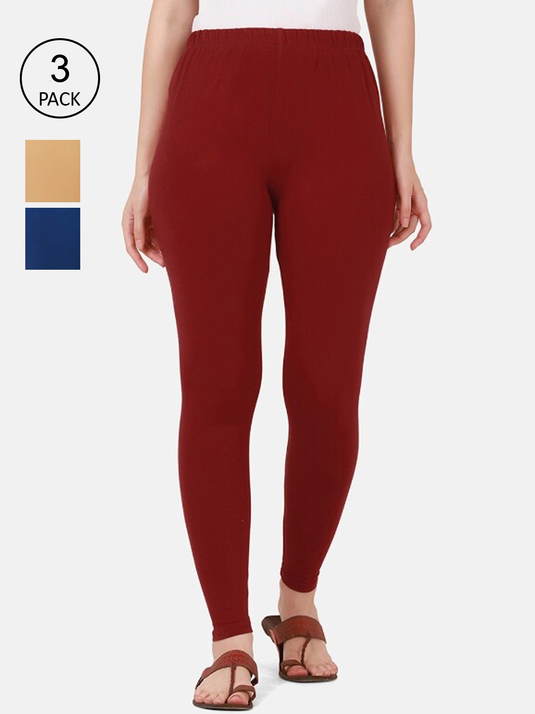 

BUY NEW TREND Women Pack Of 3 Maroon & Beige Solid Ankle-Length Pure Cotton Leggings