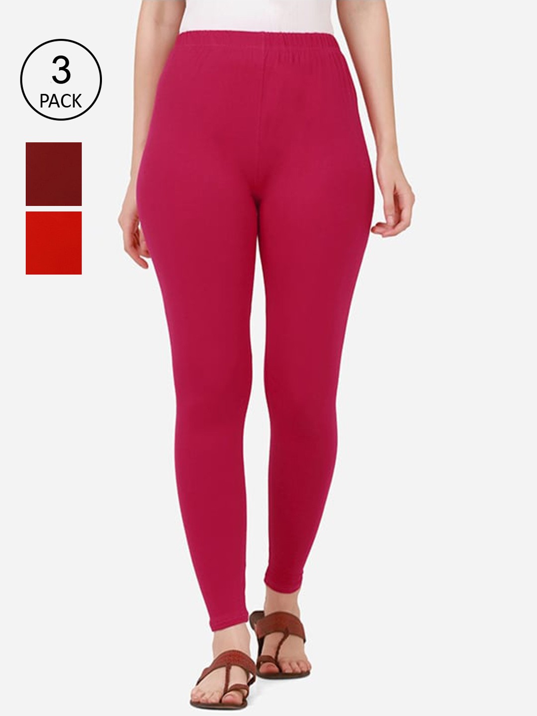 

BUY NEW TREND Women Pack Of 3 Maroon & Pink Solid Ankle-Length Leggings