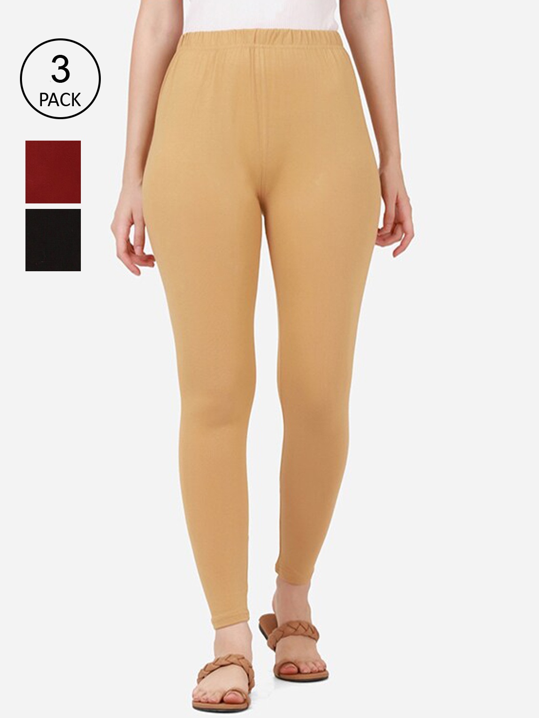 

BUY NEW TREND Women Pack Of 3 Solid Pure-Cotton Ankle-Length Leggings, Maroon