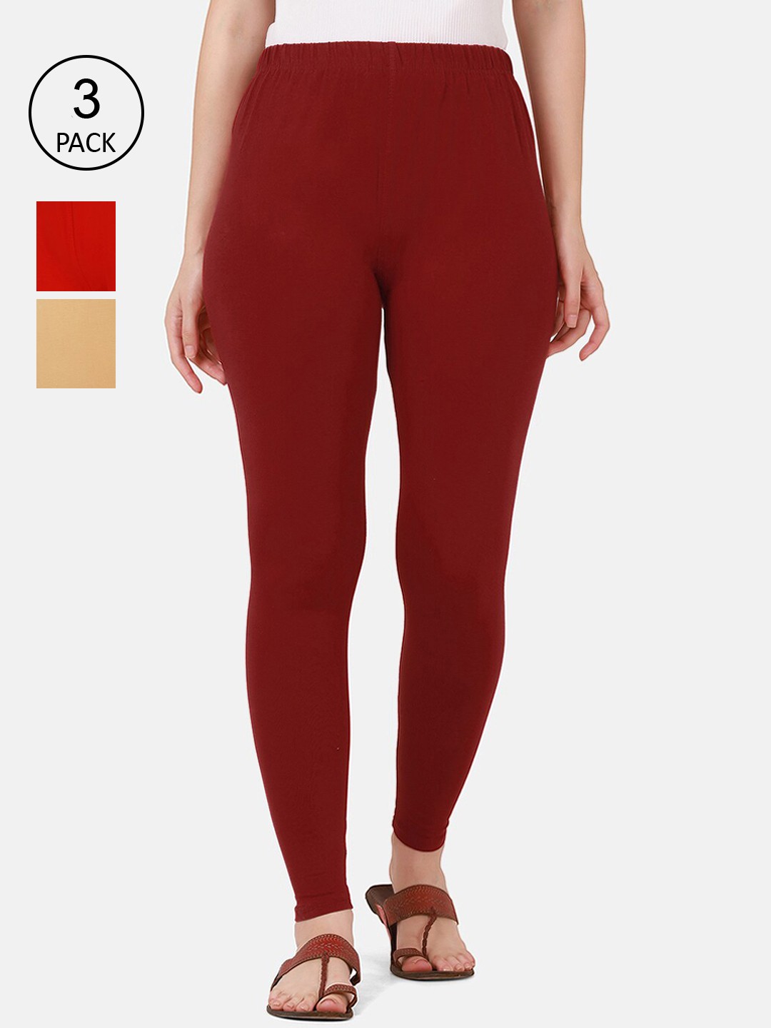 

BUY NEW TREND Women Pack Of 3 Solid Ankle-Length Leggings, Red