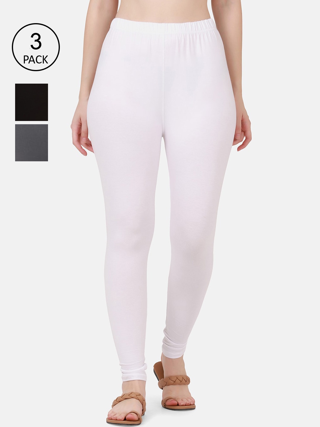 

BUY NEW TREND Women Pack Of 3 Solid Ankle-Length Cotton Leggings, White