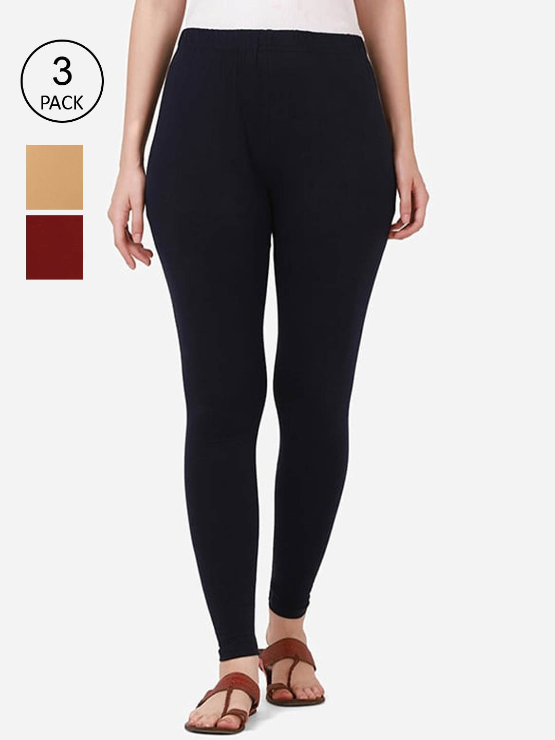 

BUY NEW TREND Pack of 3 Solid Ankle Length Cotton Leggings, Maroon
