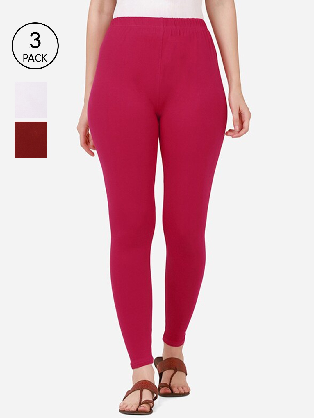 

BUY NEW TREND Women Pink & White Pack Of 3 Solid Ankle-Length Cotton Leggings