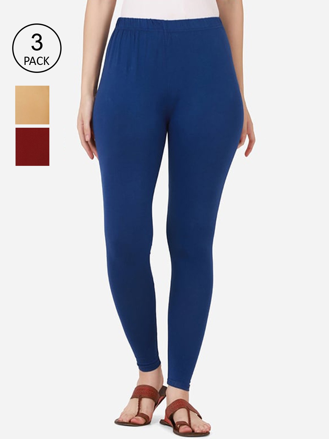 

BUY NEW TREND Women Pack Of 3 Solid Pure Cotton Ankle-Length Leggings, Maroon