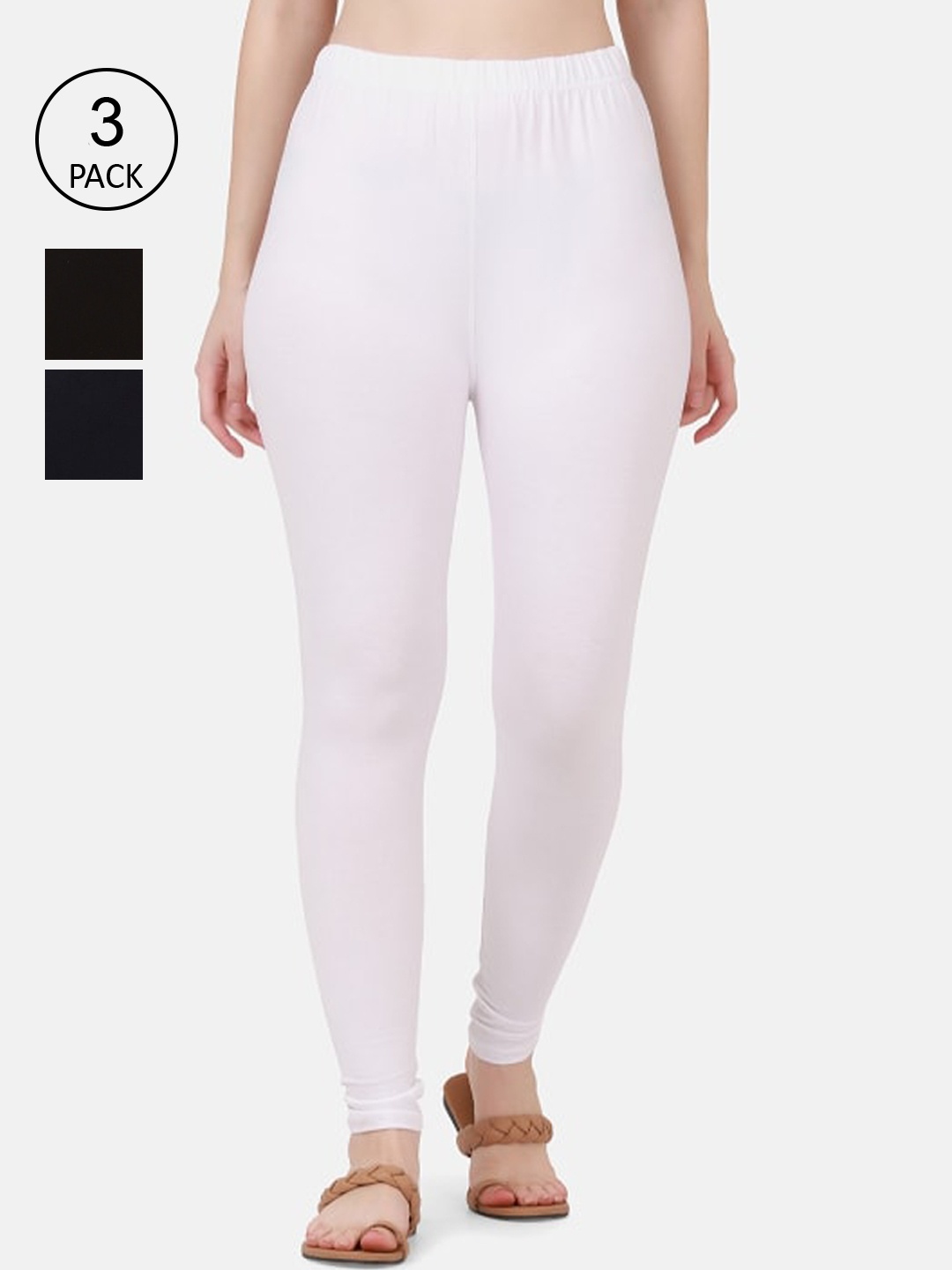 

BUY NEW TREND Women Pack Of 3 White & Black Solid Ankle-Length Pure Cotton Leggings