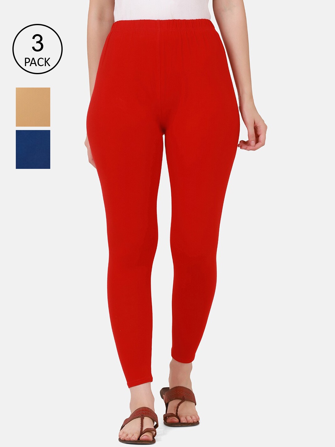 

BUY NEW TREND Pack Of 3 Women Red & Beige Solid Cotton Ankle-Length Leggings