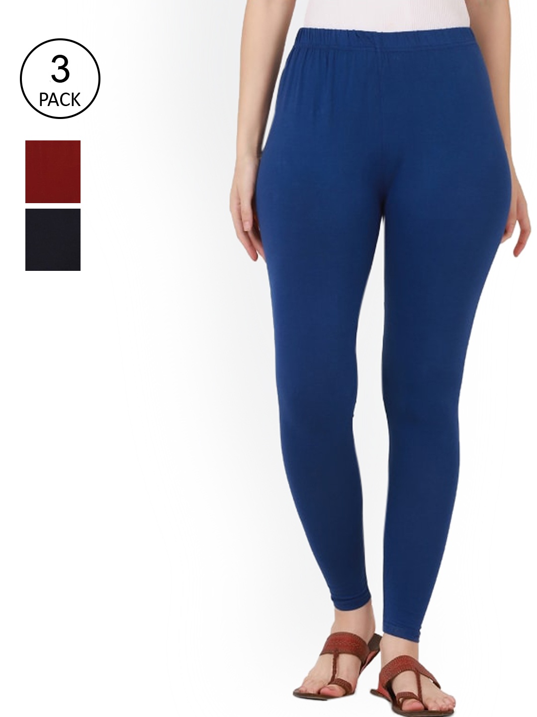 

BUY NEW TREND Women Pack Of 3 Maroon Black & Blue Solid Pure Cotton Ankle Length Leggings