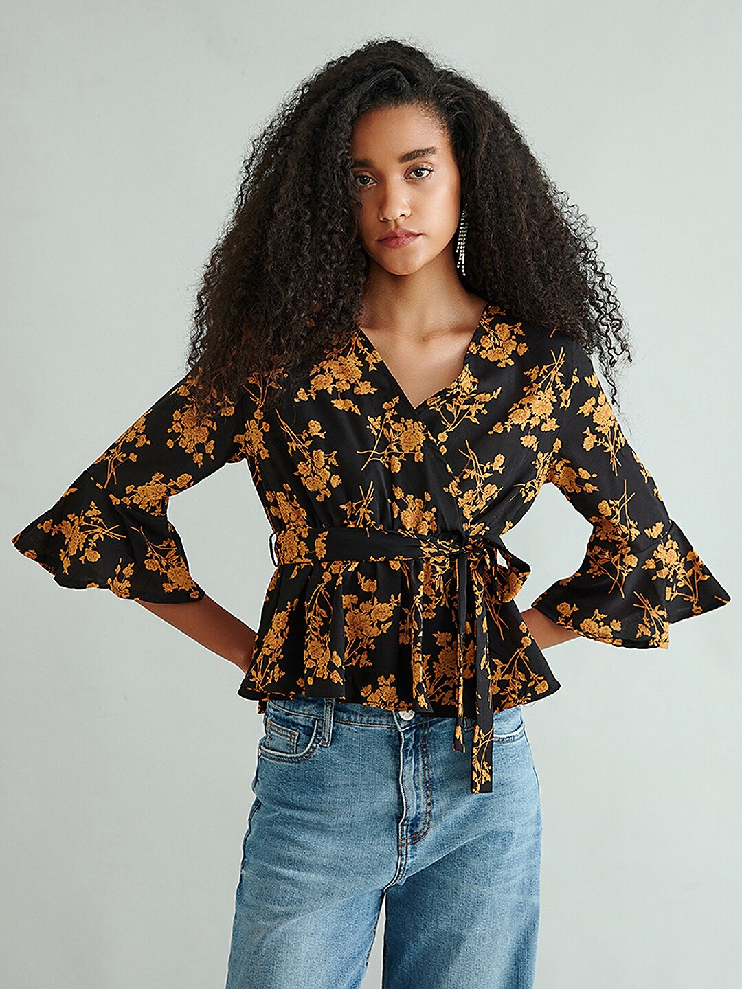 

COVER STORY Women Mustard & Black Floral Printed Wrap Top