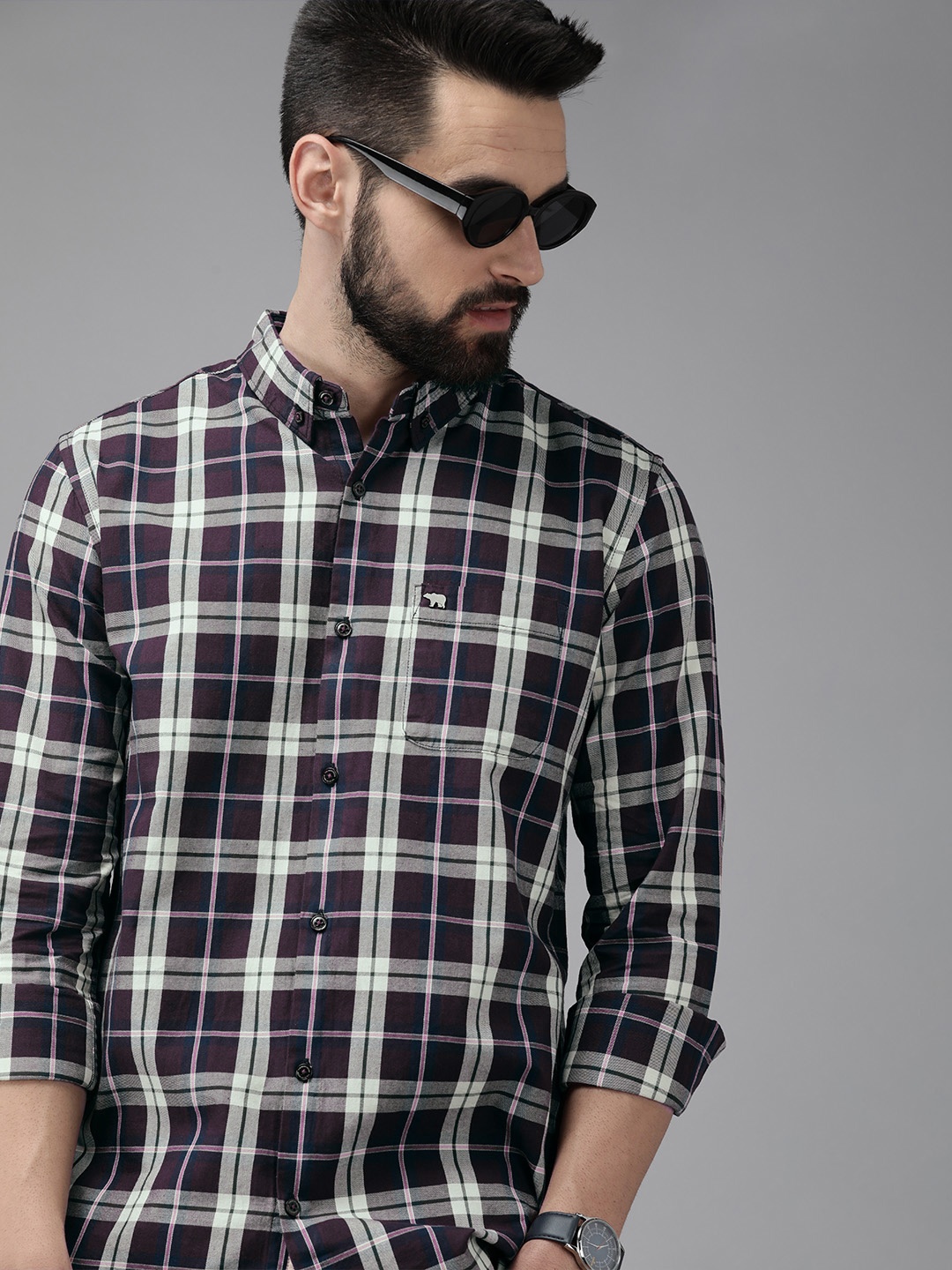 

THE BEAR HOUSE Men Maroon & Beige Slim Fit Checked Twill Cotton Shirt