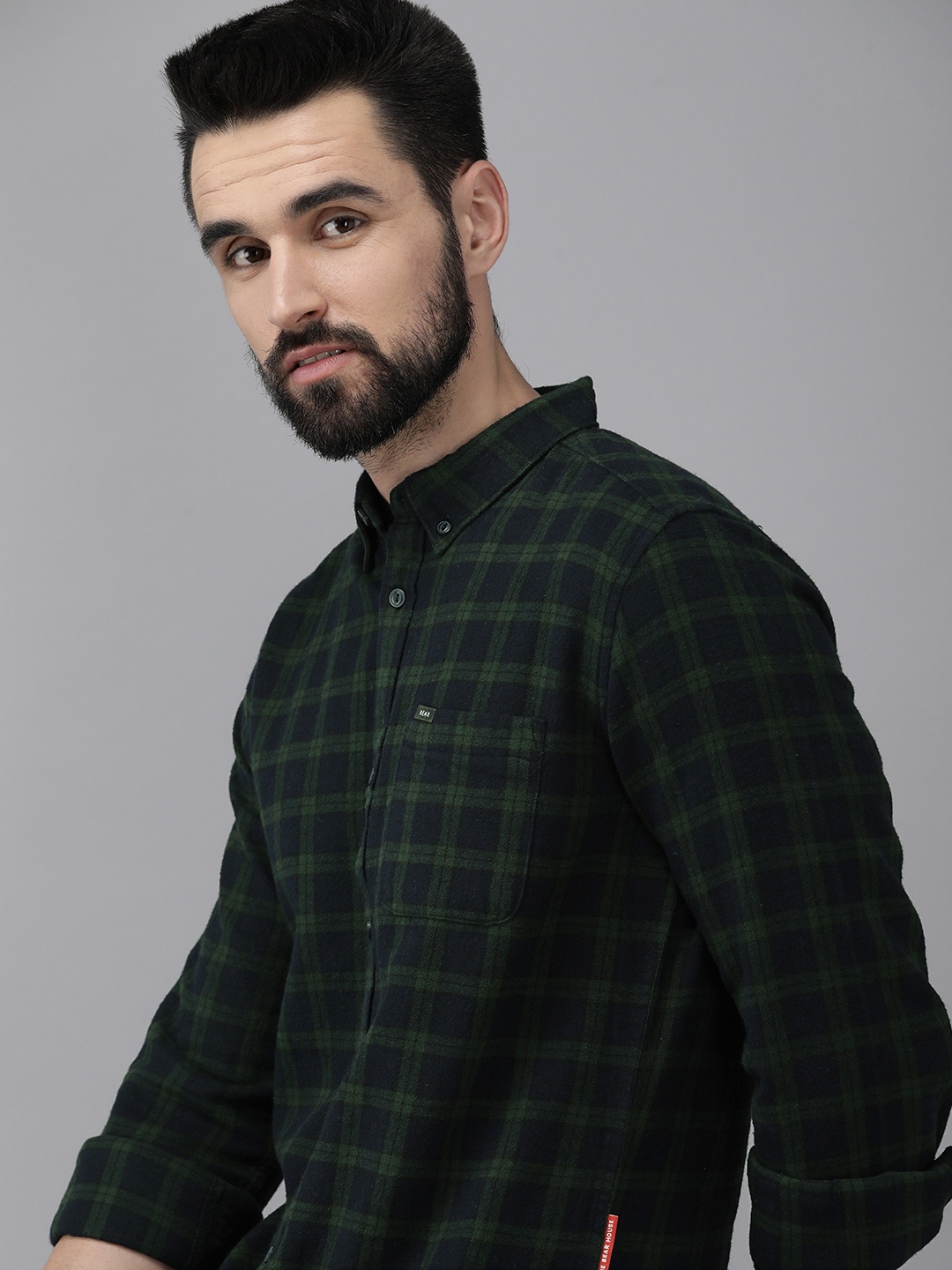 

THE BEAR HOUSE Men Green & Navy Blue Slim Fit Checked Flannel Cotton Casual Shirt
