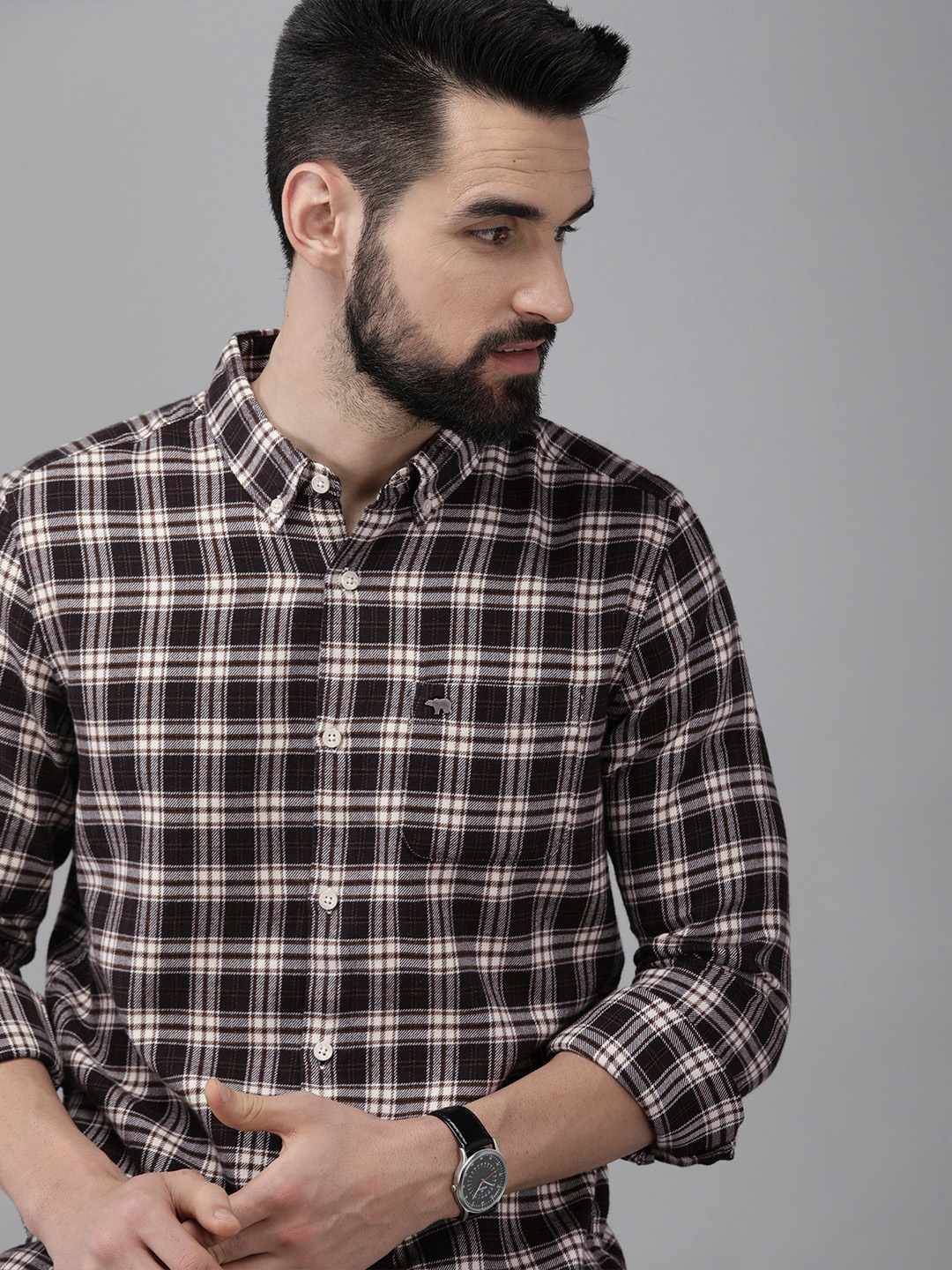 

THE BEAR HOUSE Men Brown & White Slim Fit Checked Cotton Flannel Casual Shirt