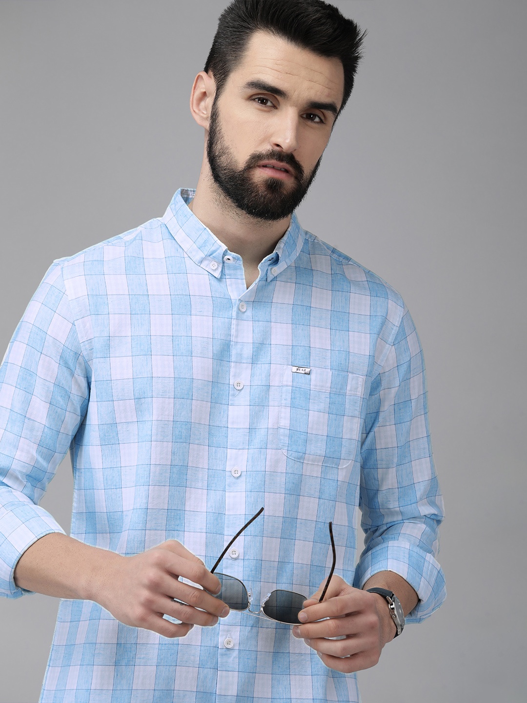 

THE BEAR HOUSE Men Blue Slim Fit Checked Cotton Shirt