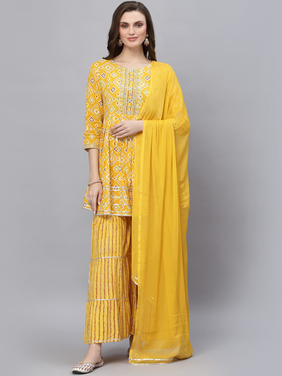 

Stylum Women Mustard Yellow Ethnic Motifs Printed Gotta Patti Kurti with Sharara & Dupatta
