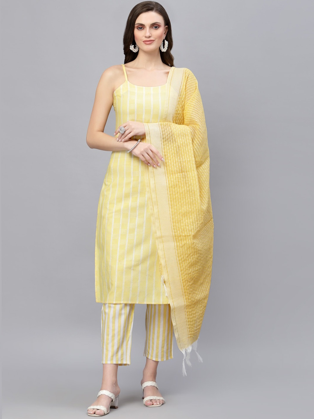 

Stylum Women Yellow Striped Pleated Kurti with Trousers & With Dupatta
