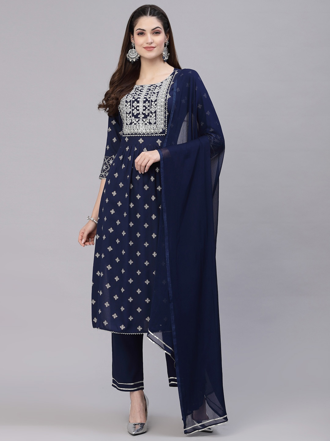 

Stylum Women Navy Blue Ethnic Motifs Printed Thread Work Kurta Set With Dupatta