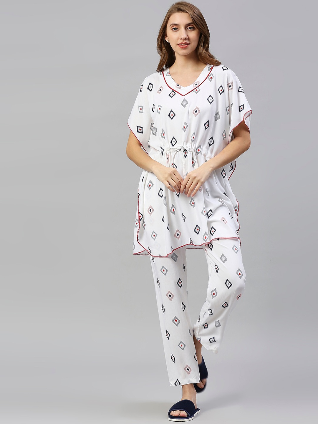 

Pretty Awesome Women White & Red Geometric Printed Night Suit