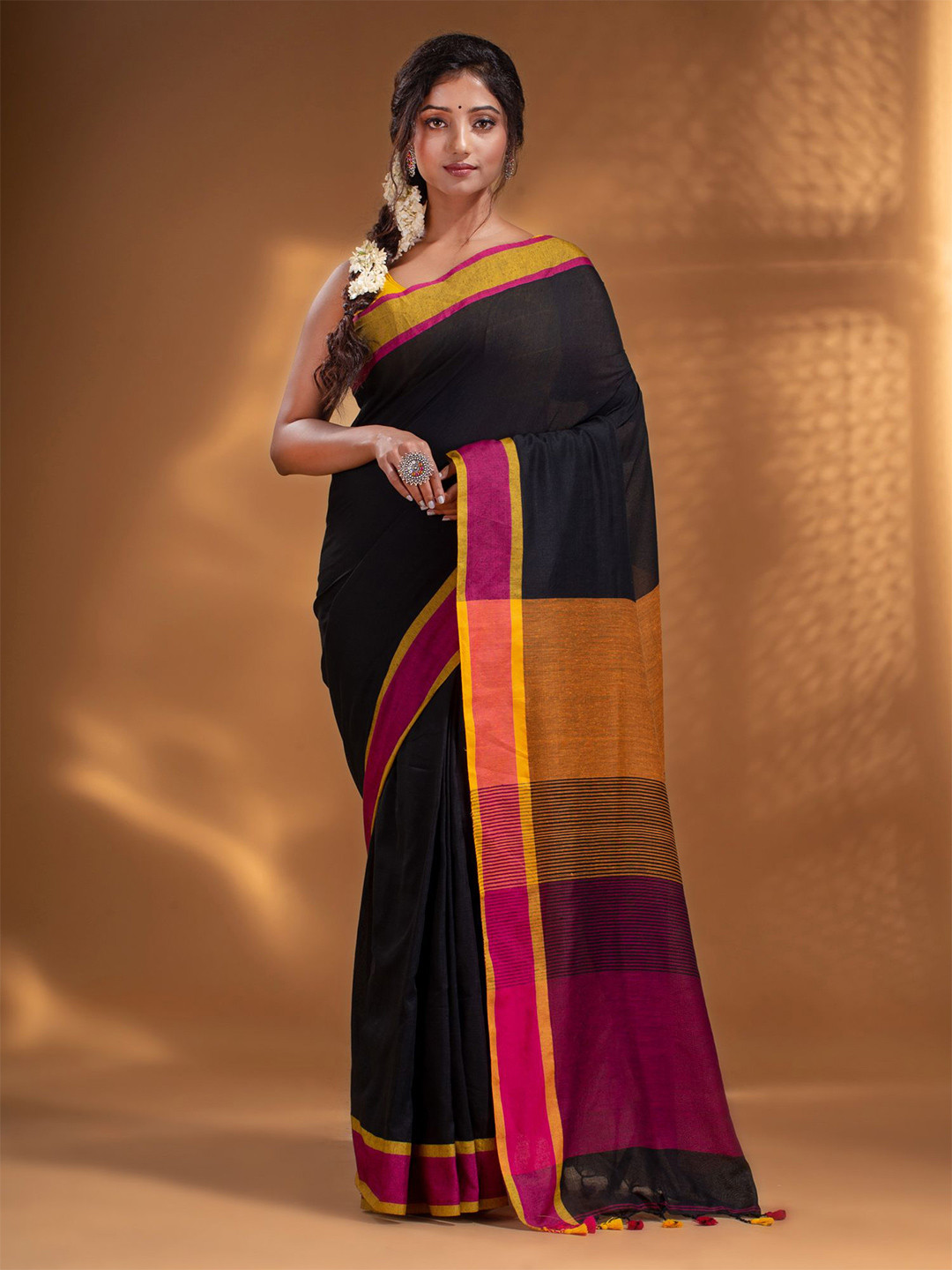 

Arhi Black & Orange Woven Design Pure Cotton Saree