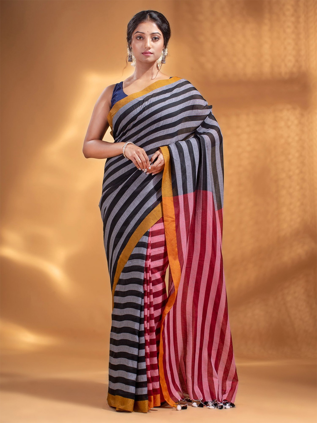 

Arhi Black & Maroon Woven Design Striped Half & Half Pure Cotton Saree