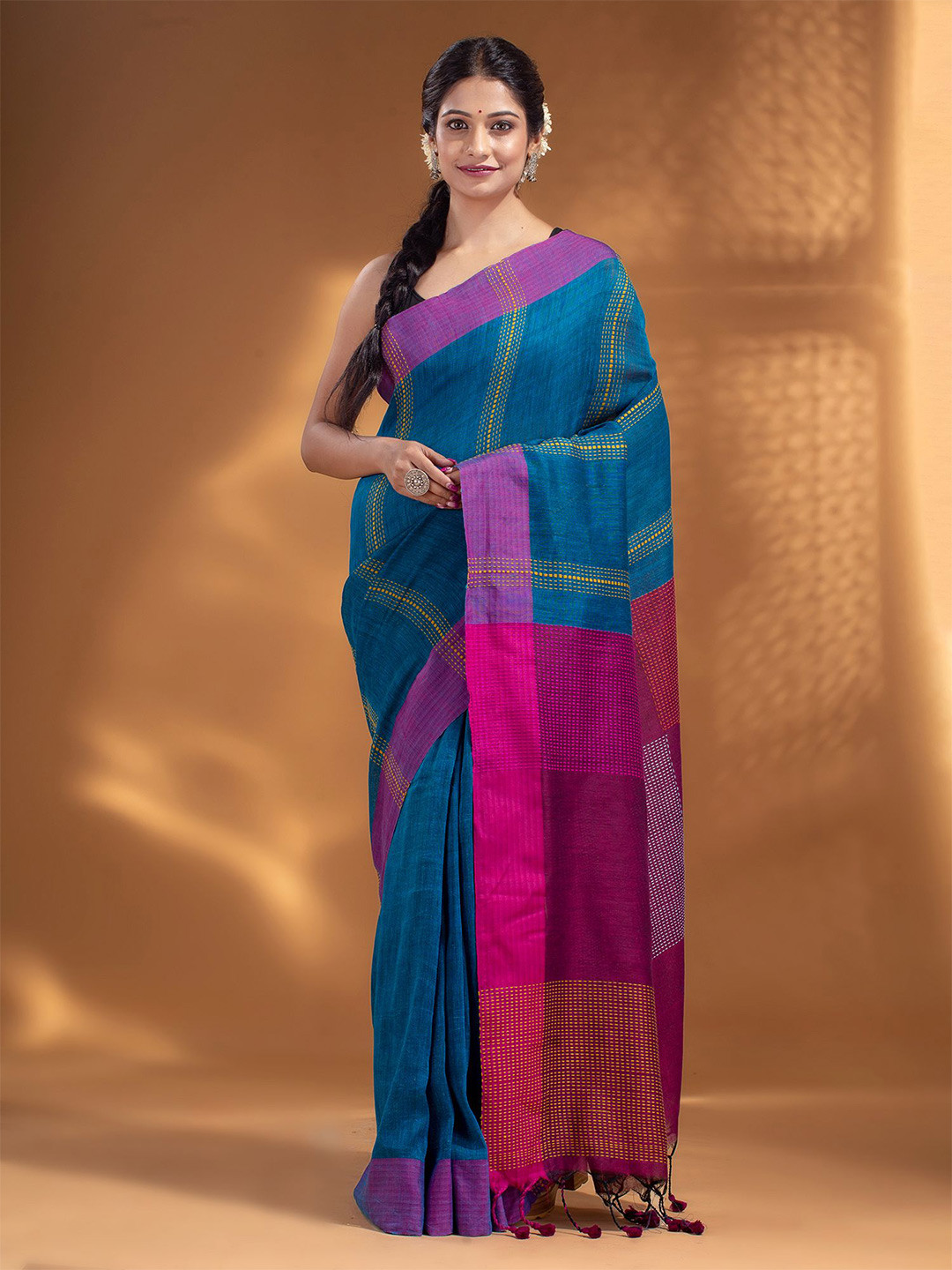 

Arhi Blue & Pink Woven Design Pure Linen Saree