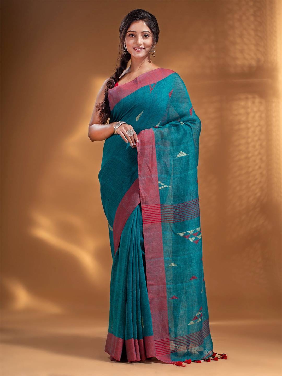 

Arhi Women Teal & Red Woven Design Pure Linen Saree