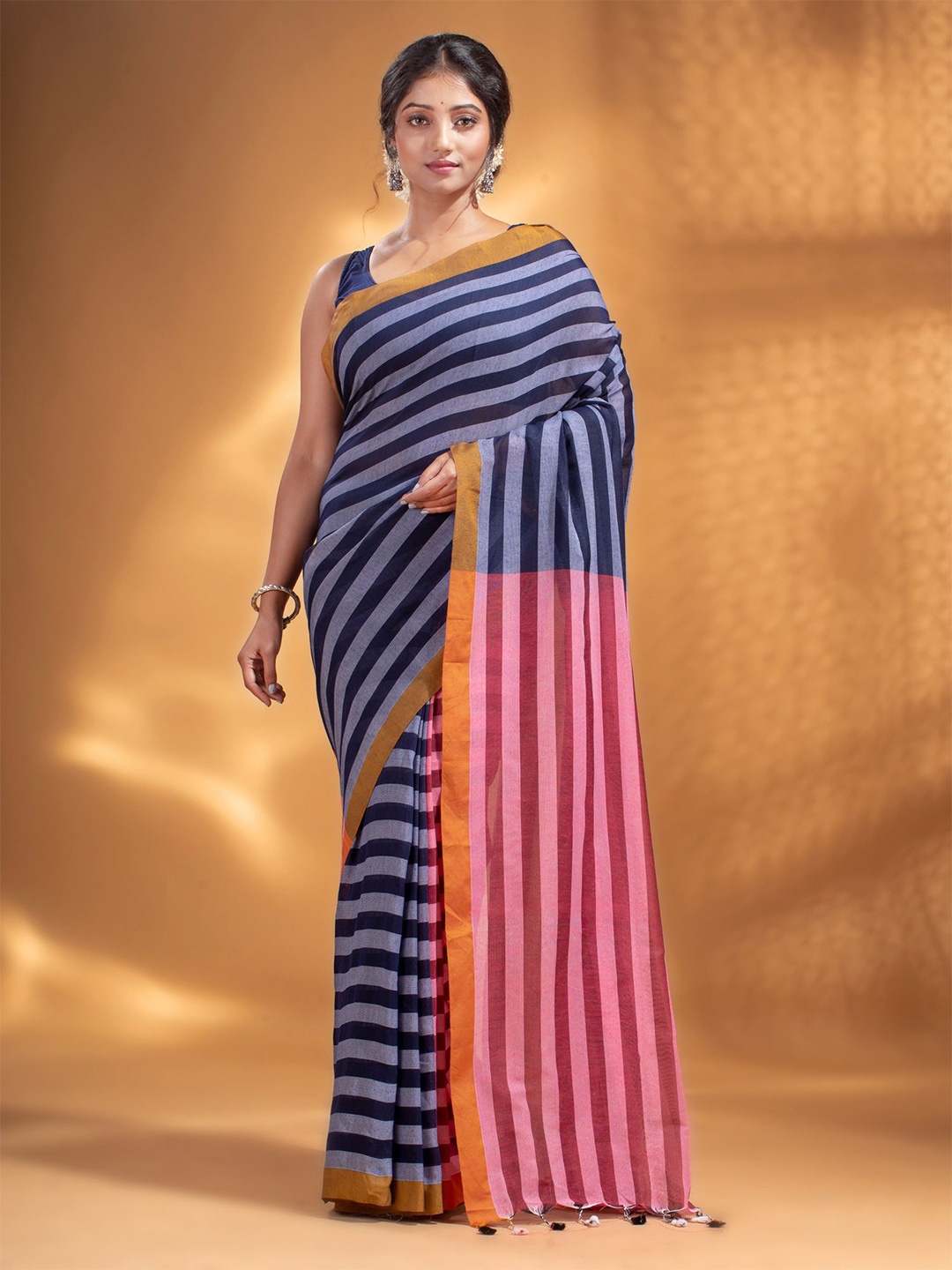 

Arhi Black & Orange Striped Pure Cotton Saree