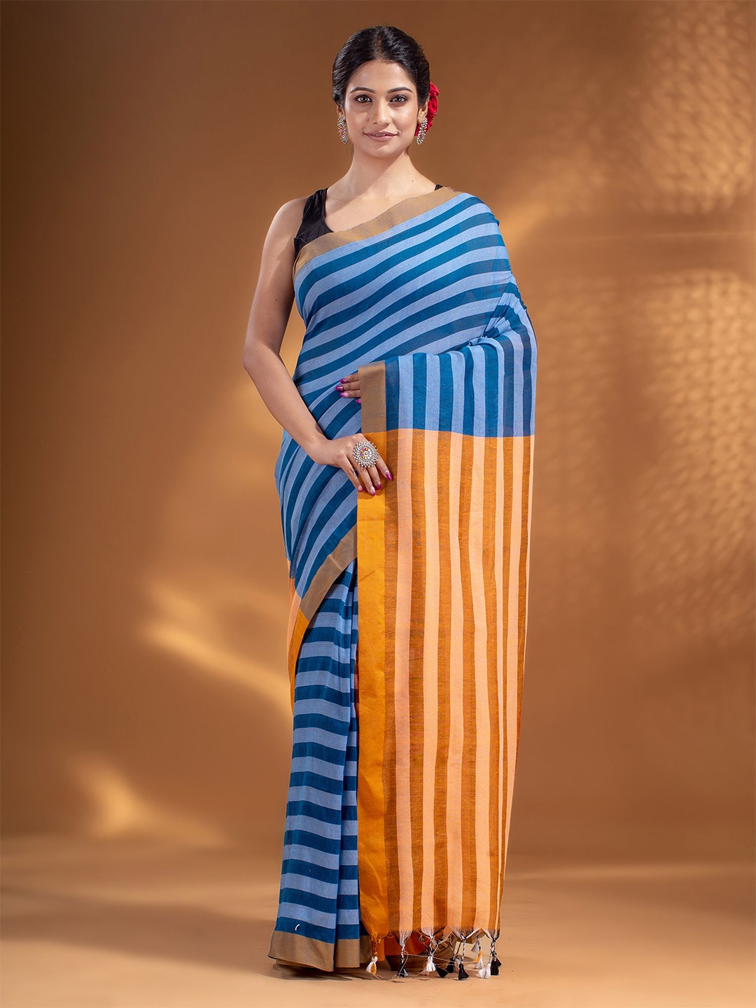 

Arhi Blue & Orange Striped Pure Cotton Saree