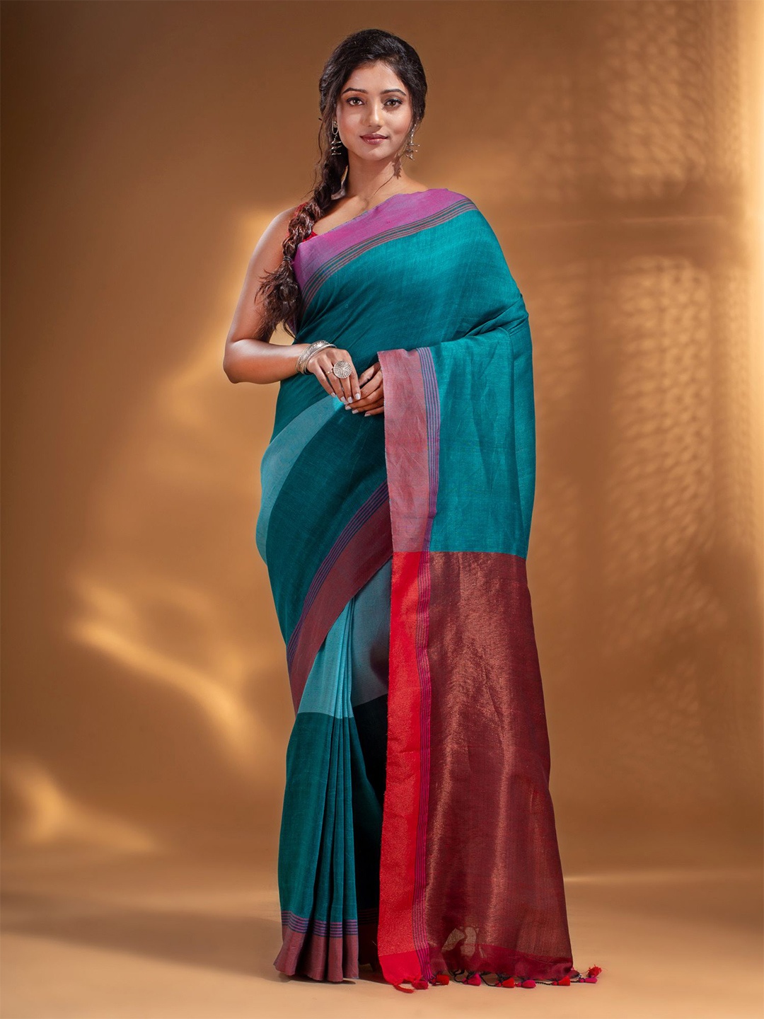 Arhi Teal & Red Woven Design Pure Cotton Saree