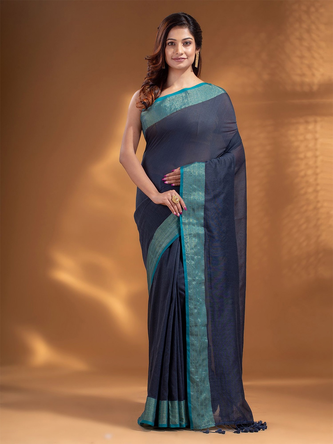 Arhi Navy Blue & Turquoise Blue Pure Cotton Saree