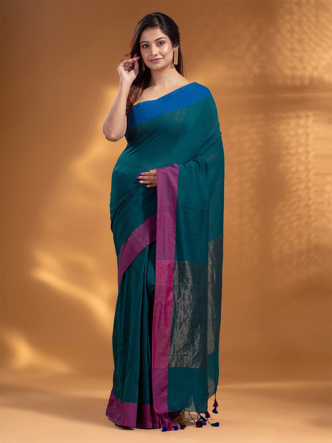 

Arhi Teal & Purple Woven Design Pure Cotton Saree