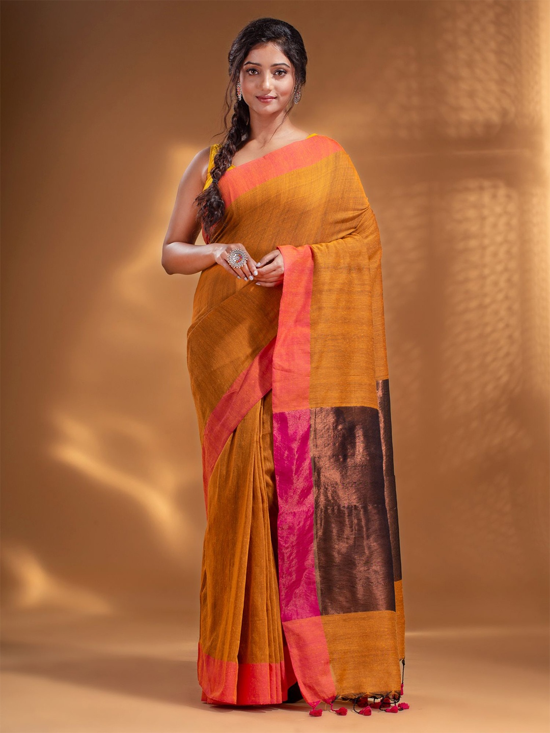 

Arhi Yellow & Orange Woven Design Zari Pure Cotton Saree
