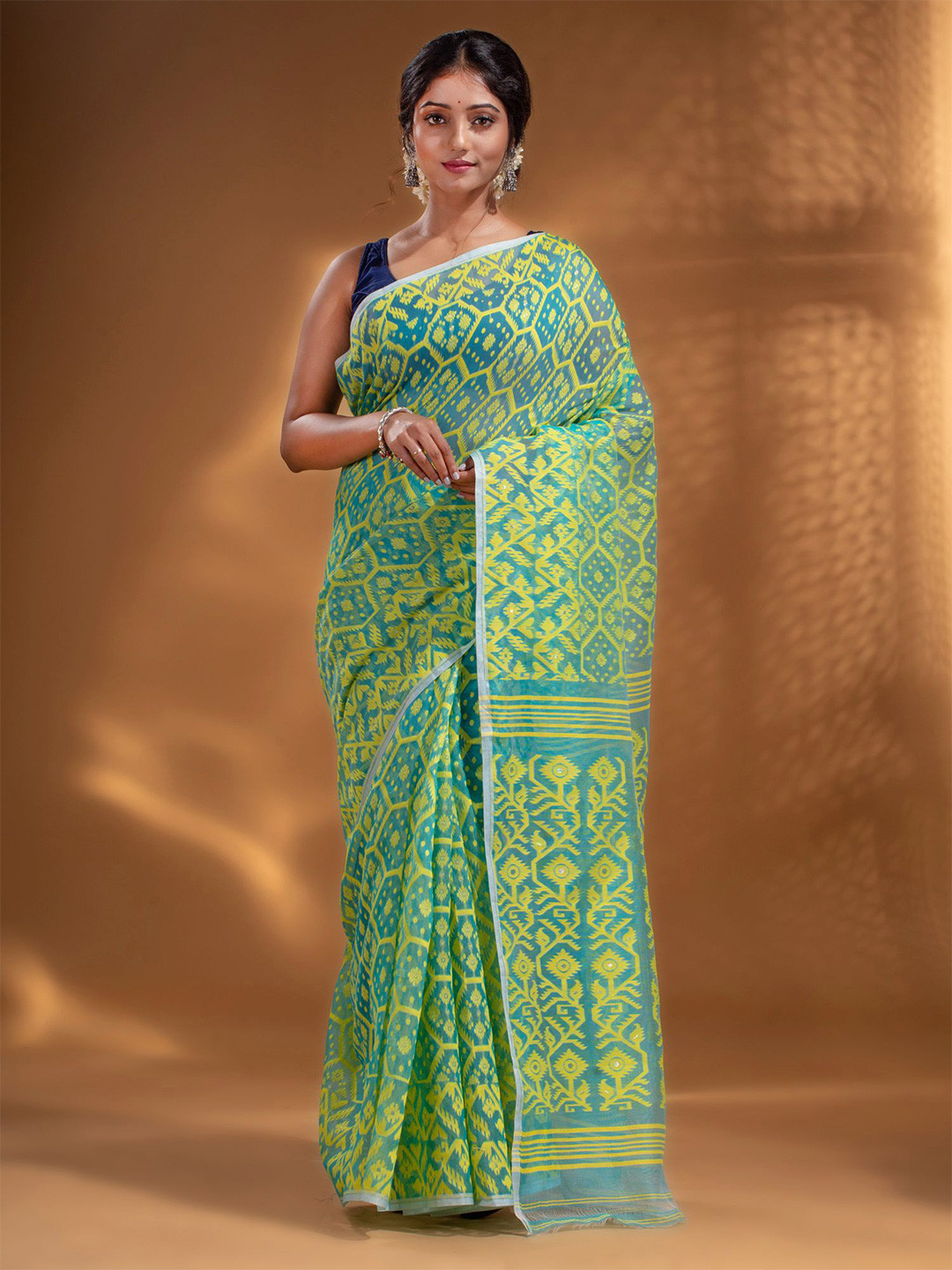 

Arhi Women Blue & Yellow Silk Cotton Jamdani Saree
