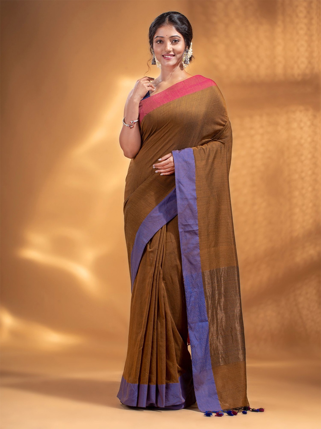 

Arhi Women Brown & Lavender Woven Design Zari Pure Cotton Saree