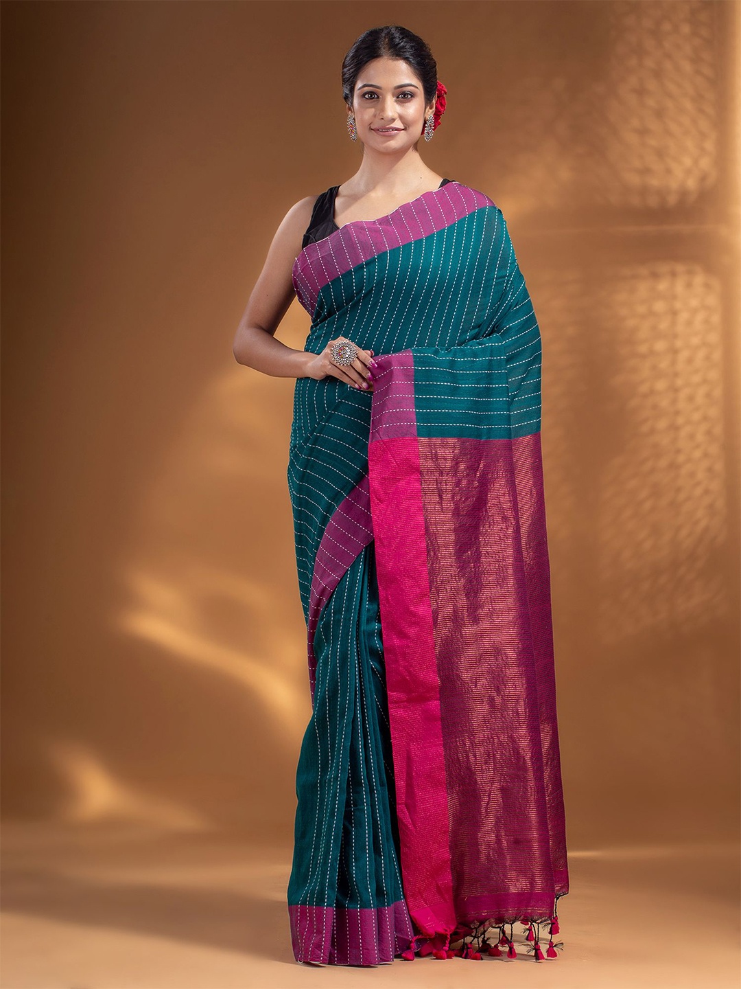 

Arhi Teal & Pink Striped Zari Pure Cotton Saree