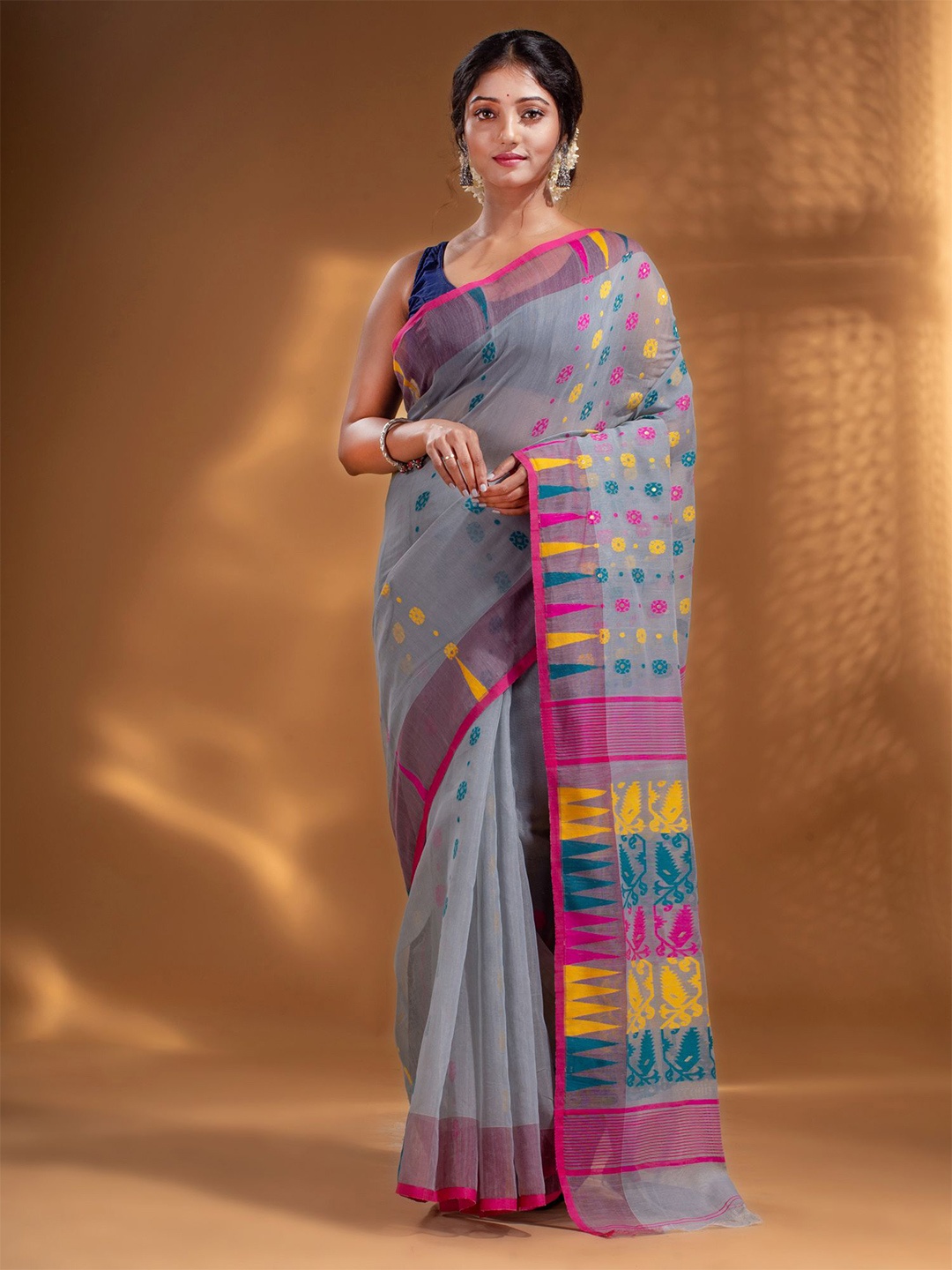 

Arhi Grey & Yellow Woven Design Zari Silk Cotton Jamdani Saree
