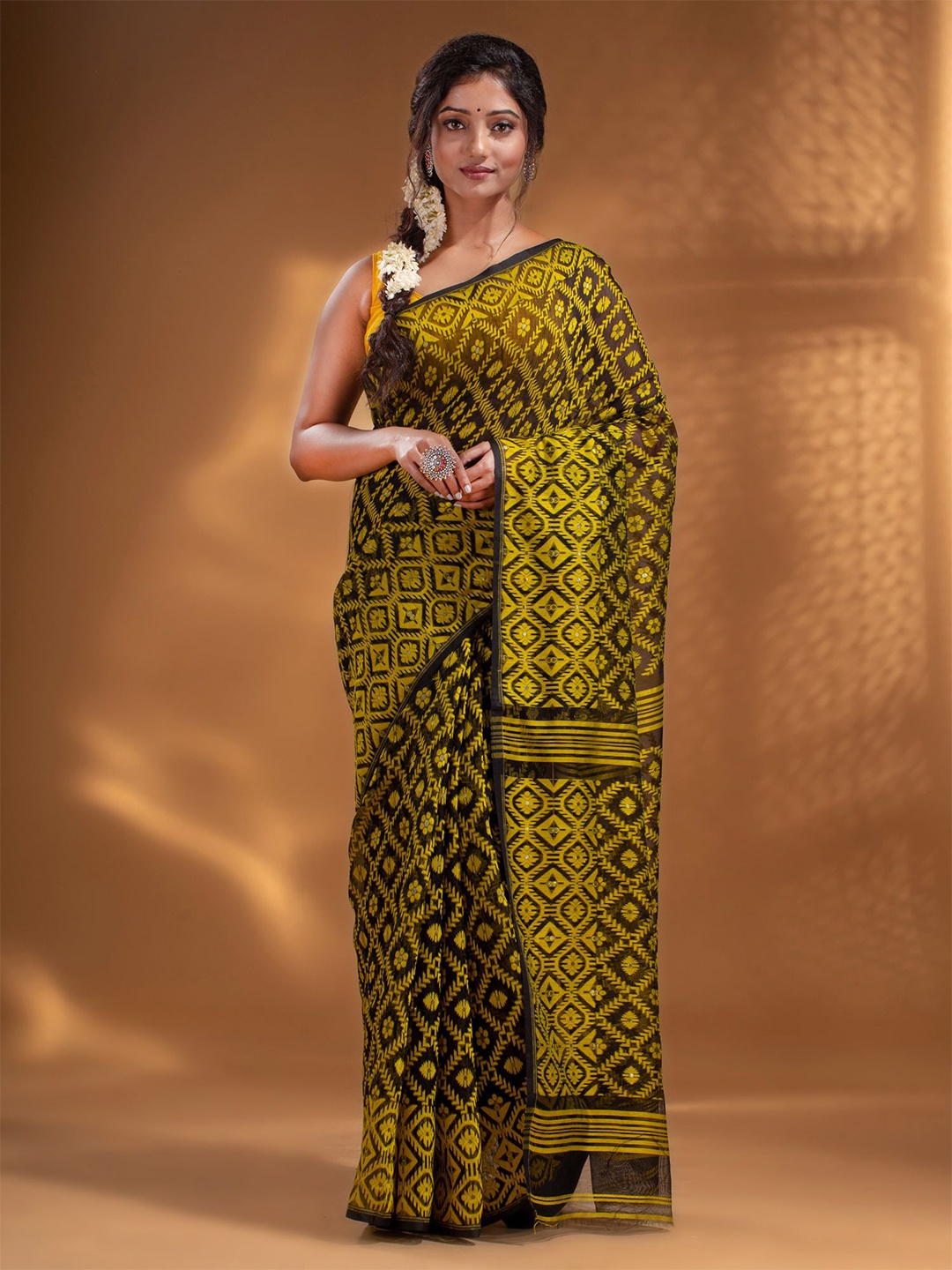 

Arhi Black & Yellow Floral Silk Cotton Jamdani Saree