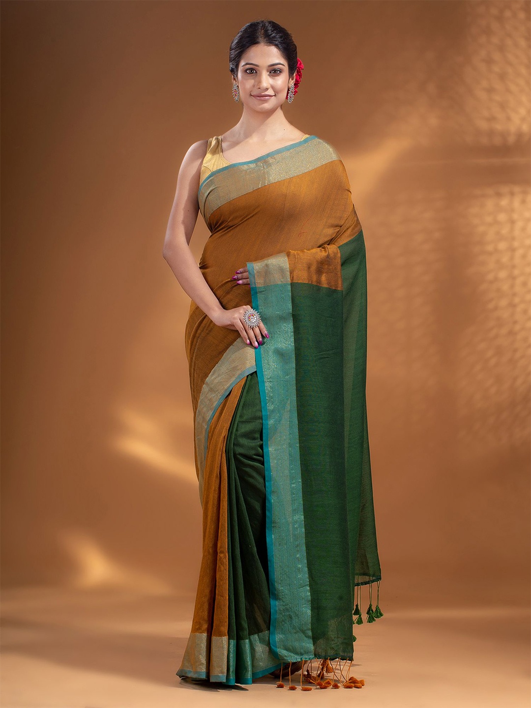 

Arhi Women Mustard & Green Woven Design Zari Pure Cotton Saree