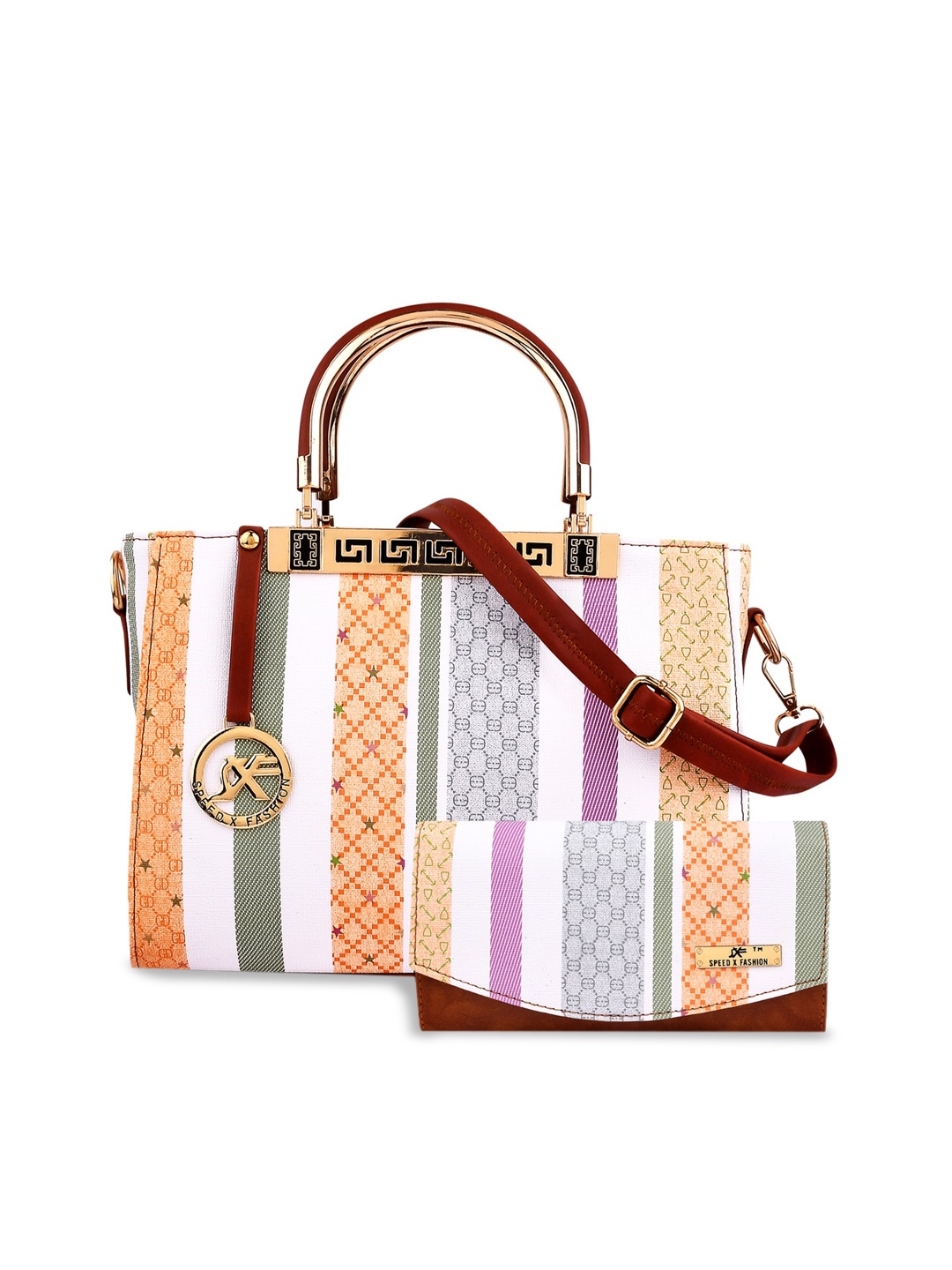 

SXF SPEED X FASHION Tan Printed PU Structured Handheld Bag with Applique