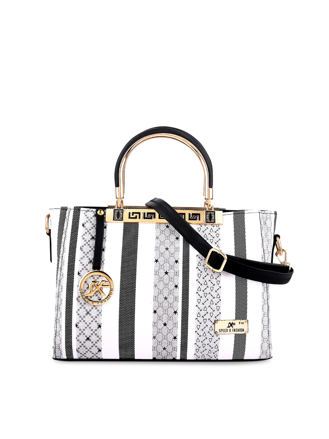 

SXF SPEED X FASHION Black & White Printed PU Structured Handheld Bag with Tasselled
