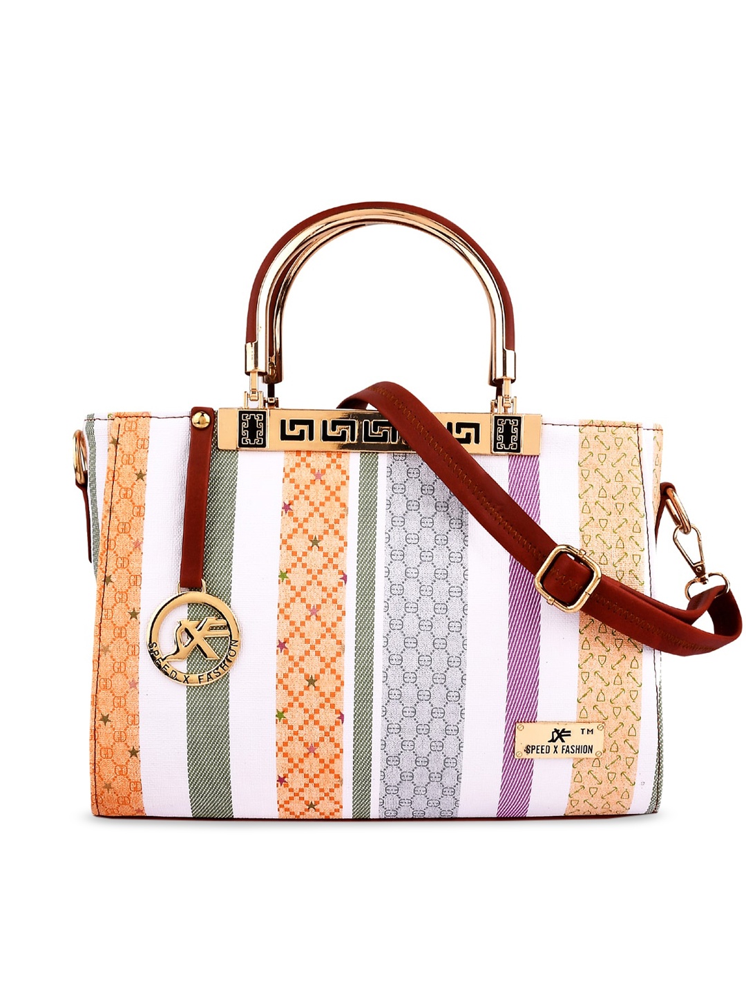 

SXF SPEED X FASHION Tan Printed PU Structured Handheld Bag