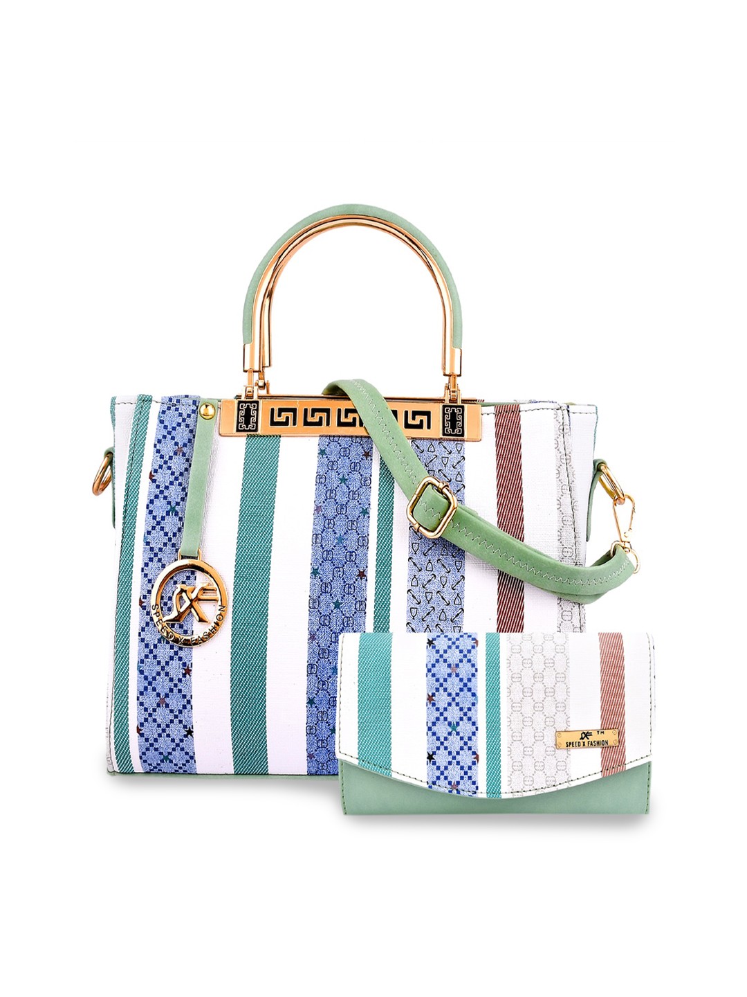 SXF SPEED X FASHION Green Checked PU Structured Handheld Bag with Cut Work